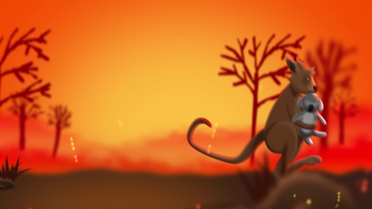 el canguro está llevando un pequeño y lindo koala mientras salta para escapar de los incendios forestales, 2d animación conceptos de bucle para orar por australia.