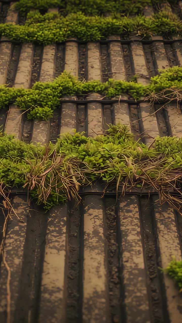 Vertical video: Moving camera revealing corrugated tiles on roof for checking moss bands and roots