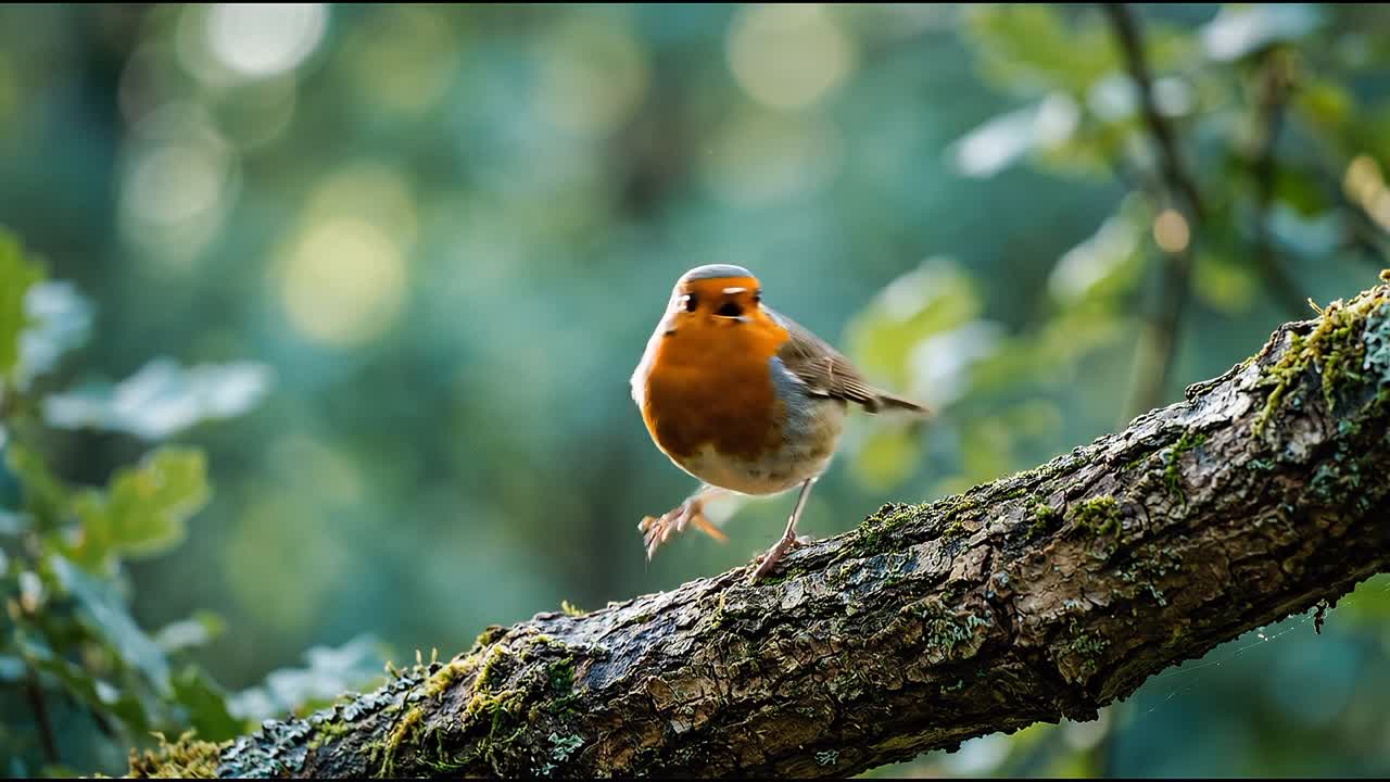 Pettirosso posato su un ramo muschioso nella foresta, con uno sfondo verde soffuso e luce naturale.