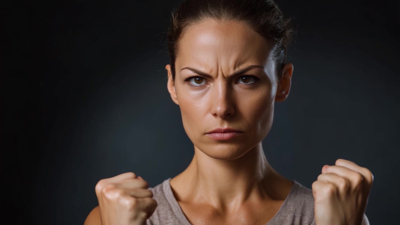 Una mujer decidida muestra fuerza y confianza con los puños cerrados, transmitiendo emociones de empoderamiento y resiliencia ante los desafíos en un momento intenso