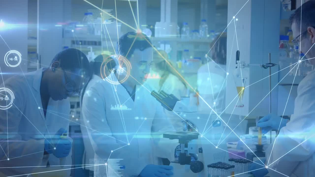 animación de la red de conexiones entre diversos científicos que hablan en el laboratorio