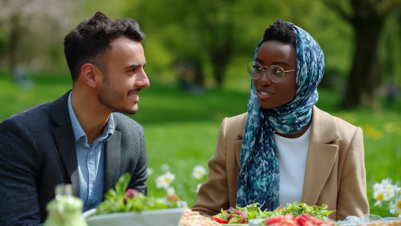 Una pareja haciendo un picnic en el parque.