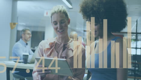 animation of data processing over diverse businesswomen working in office