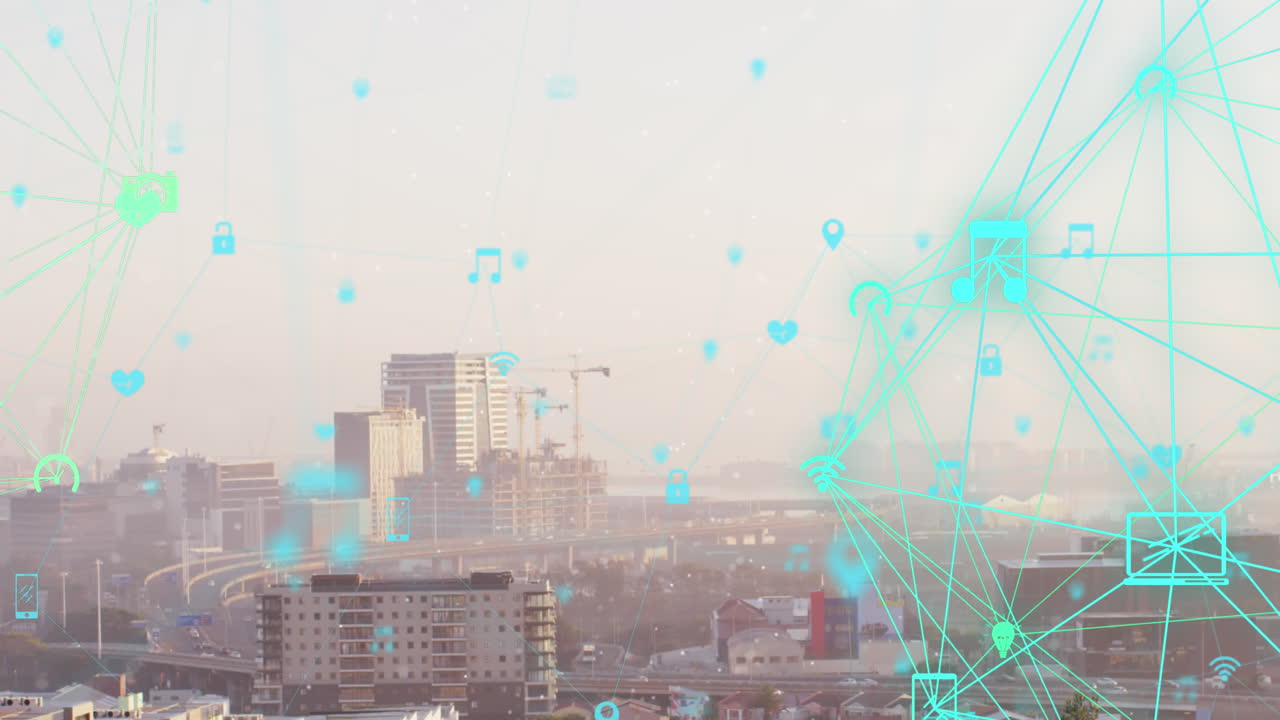 도시 풍경의 공중 시야를 반영하여 회전하는 디지털 아이콘의 지구상의 애니메이션