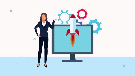elegante mujer de negocios con cohete en animación de escritorio