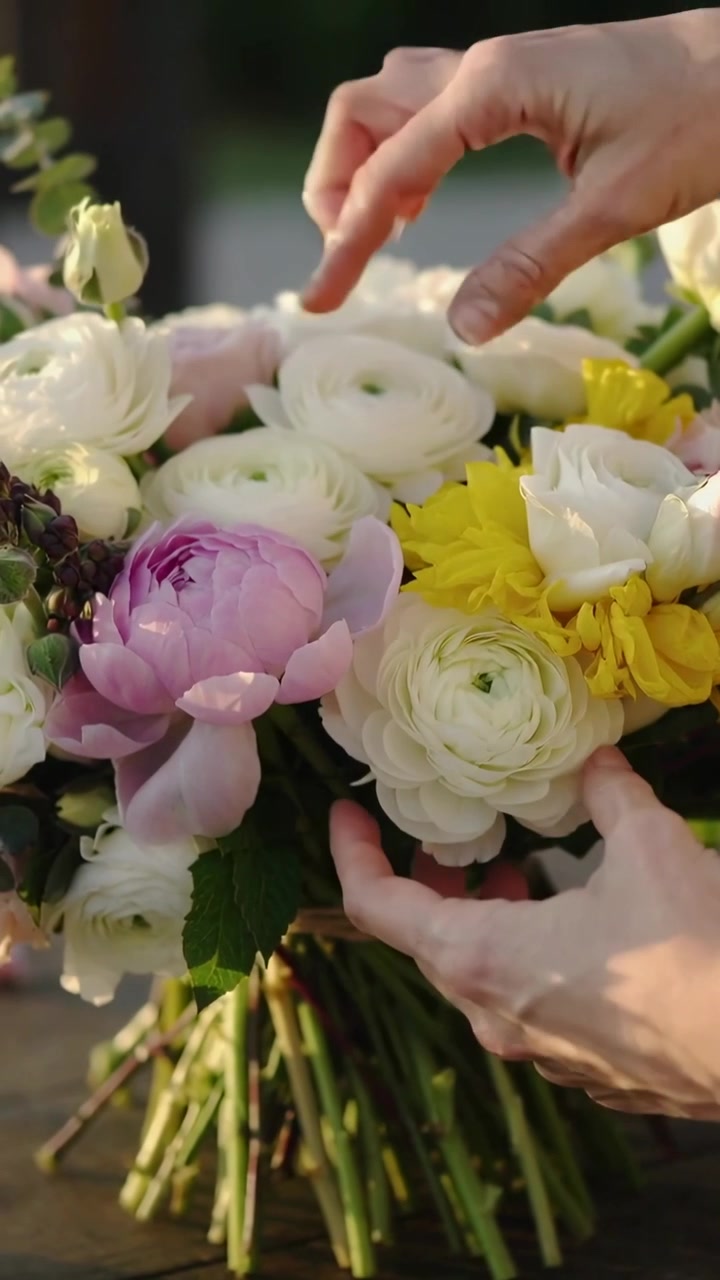 Video verticale: Inquadratura iniziale che mostra le mani che sistemano un bouquet legato sul patio per bilanciarlo, con una peonia.