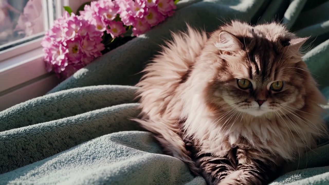 Fluffy sibirisk kat hviler på et blødt tæppe ved vinduet