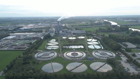 aerial dolly of large water treatment plant in an industrial area