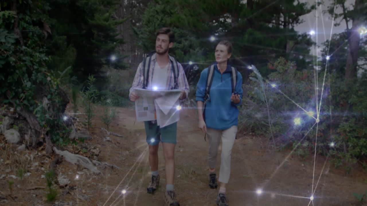 Hiking partners navigating forest trail using GPS tech with animated topo lines and waypoint icons
