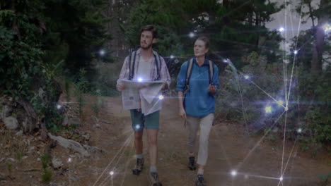 Hiking partners navigating forest trail using GPS tech with animated topo lines and waypoint icons