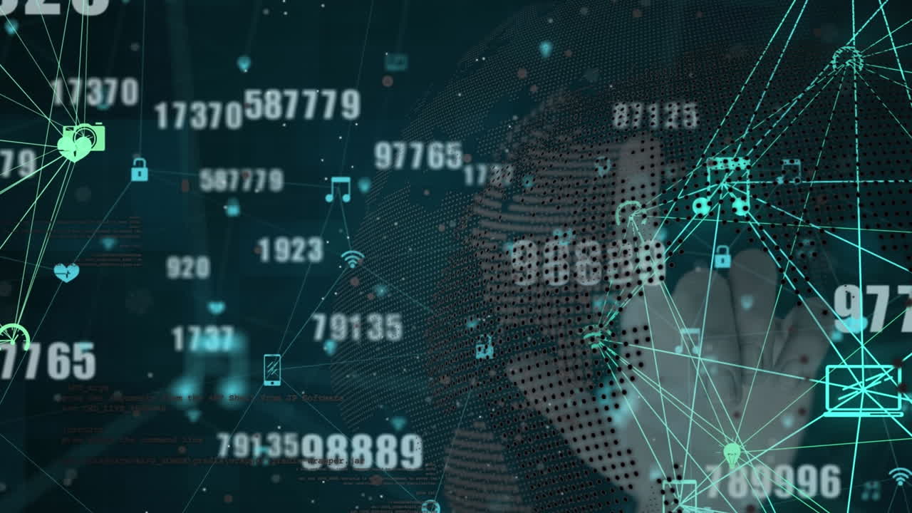 검은 바탕에 있는 지구, 숫자, 연결 및 손가락의 애니메이션