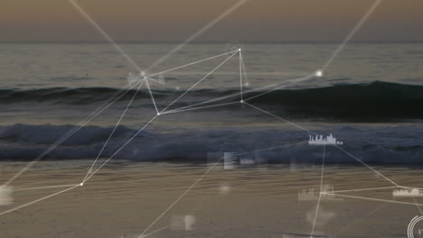 animation of data processing and networks of connections over empty beach