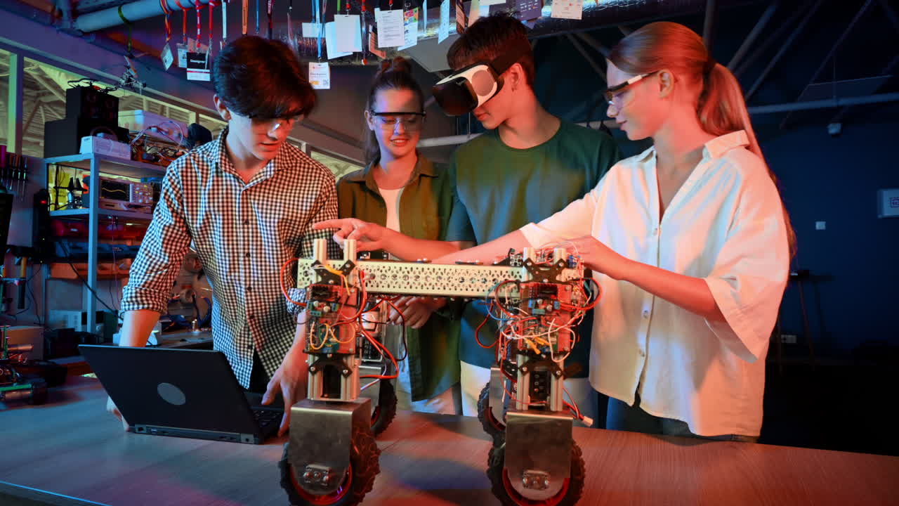 Group of teens doing experiments in robotics in a laboratory. Boys and girls in protective and VR glasses working with a robot. Red and blue illumination