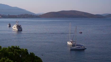 Beautiful-scenery-early-in-the-morning-at-harbor-with-parked-yachts-and-boats,-Slow-Motion-view