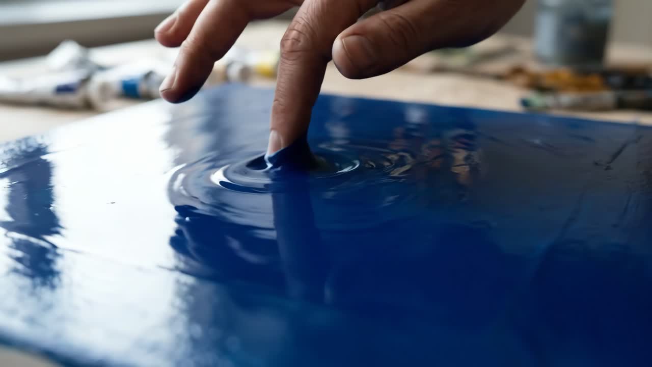 Artist's Finger Dips into Blue Paint on Canvas