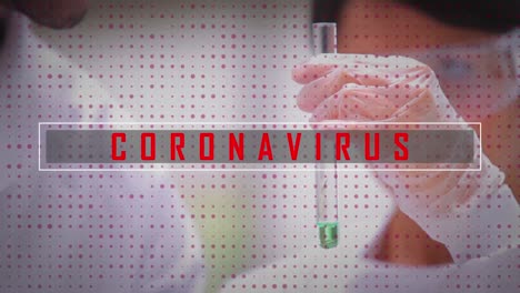 Dots-and-Coronavirus-text-against-scientists-working-in-laboratory