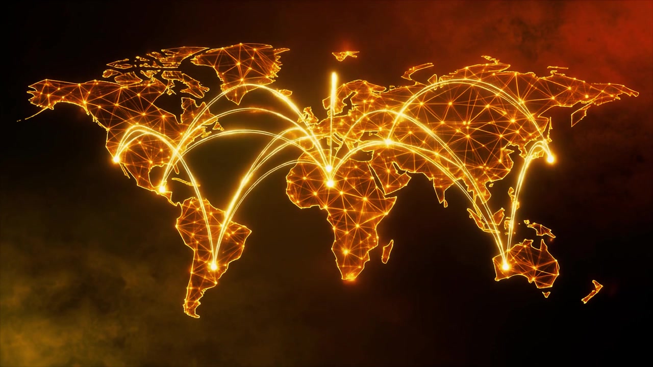 Digital World Map with Glowing Network Connections and Data Flow