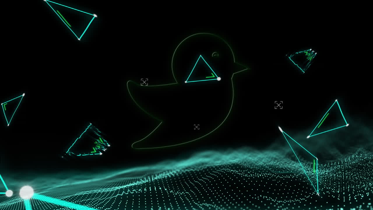 animación de triángulos y icono de pájaro amarillo sobre puntos en movimiento sobre fondo negro