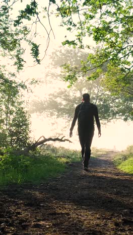 man walking through a misty forest