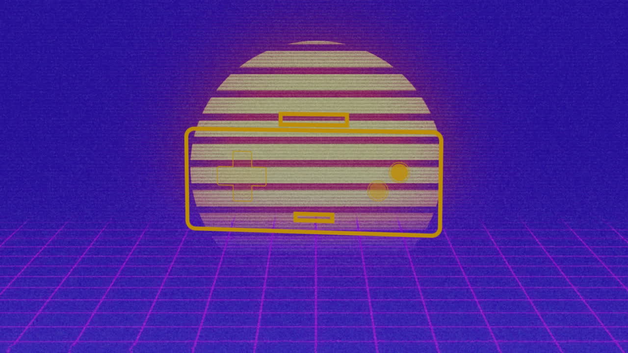 animación del controlador de videojuego vectorial sobre el patrón de cuadrícula móvil contra el sol