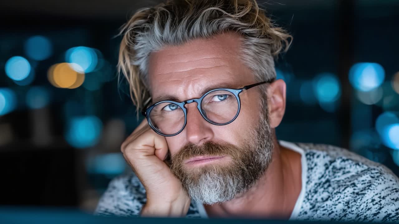 Contemplative Focus: A Close-Up Portrait of a Thoughtful Man with Glasses, Capturing the Intensity of His Expression Amidst a Blurred Evening Background