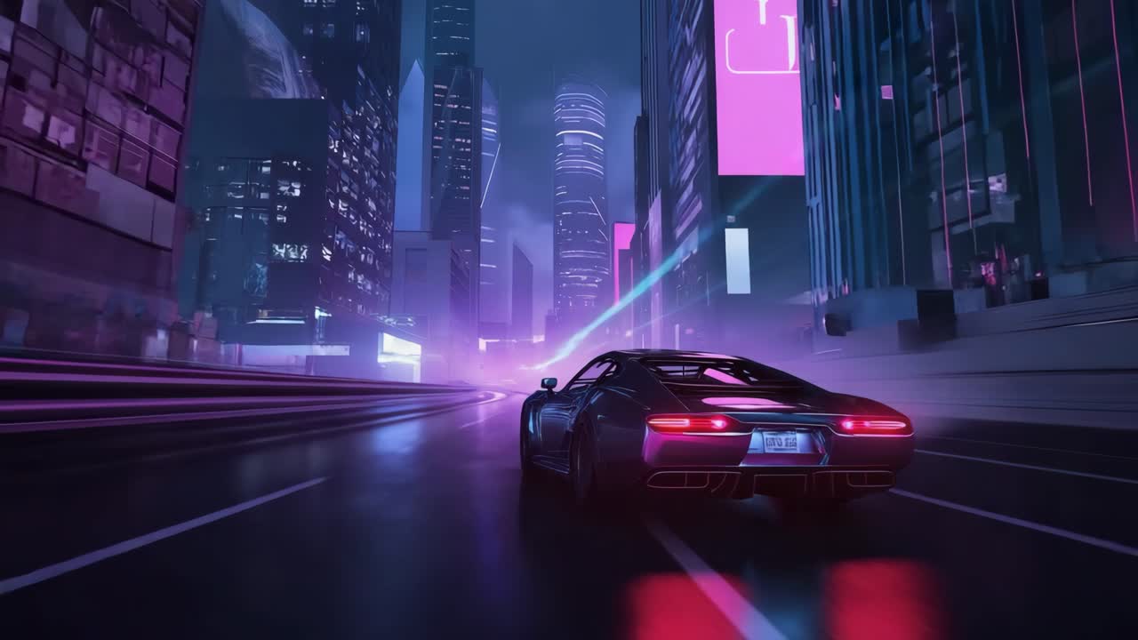 Futuristic Cars Driving Through a Neon Cyberpunk City at Night