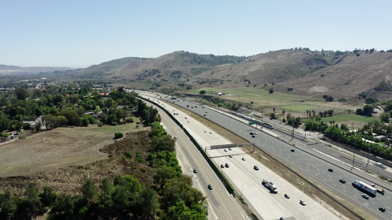 Drone shot over California's sprawling freeway system.