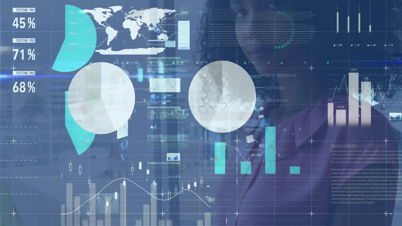 animación de datos financieros y gráficos sobre feliz mujer de negocios afroamericana en la oficina