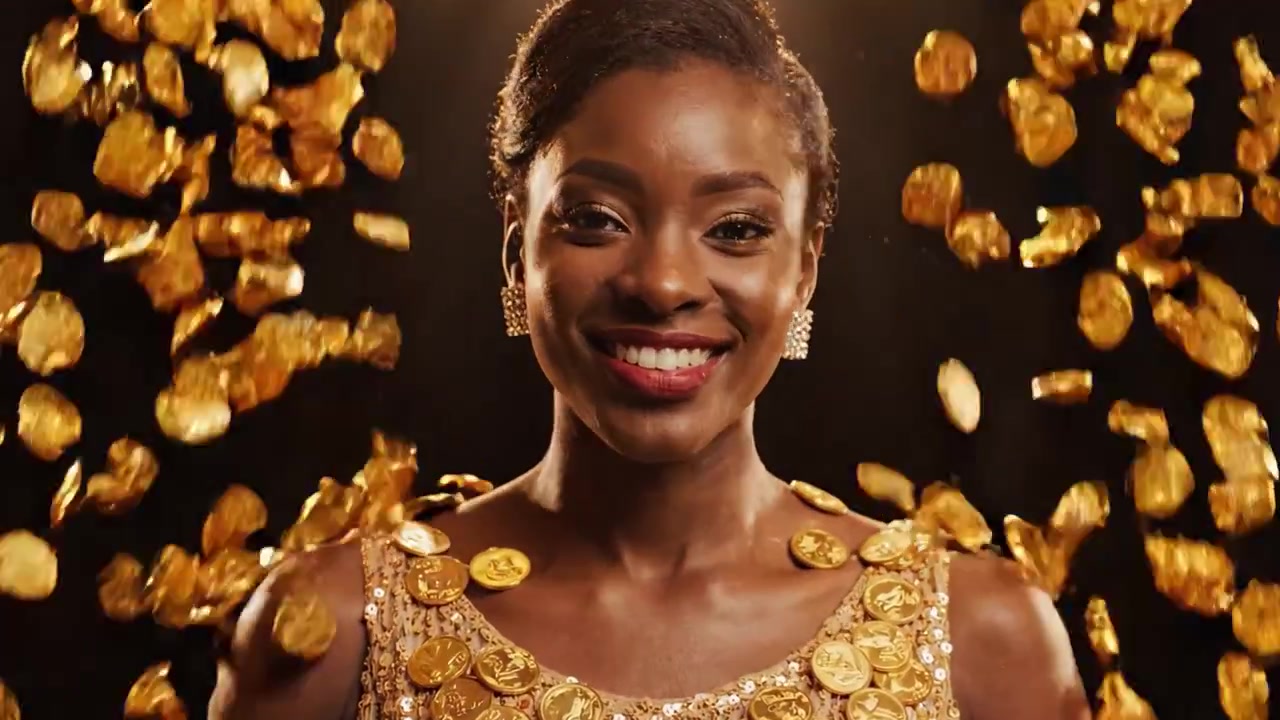 Una radiosa celebrazione dell'abbondanza: una donna gioiosa vestita d'oro, circondata da monete che cadono a cascata, emana fiducia e felicità in un momento accattivante.