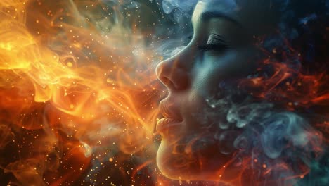 woman's face with fire and smoke