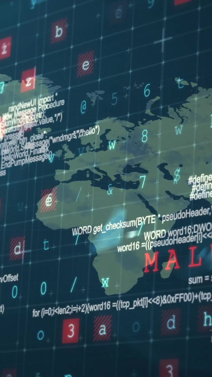 Animation of malware, cybercrime security warnings and data processing over world map