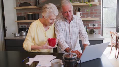 senior caucasian couple happily working together on a laptop at home