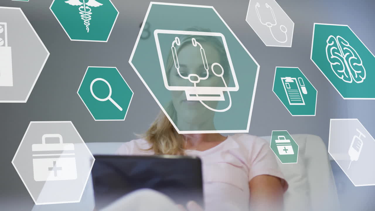 Animation of medical icons over caucasian woman using tablet on bed in hospital