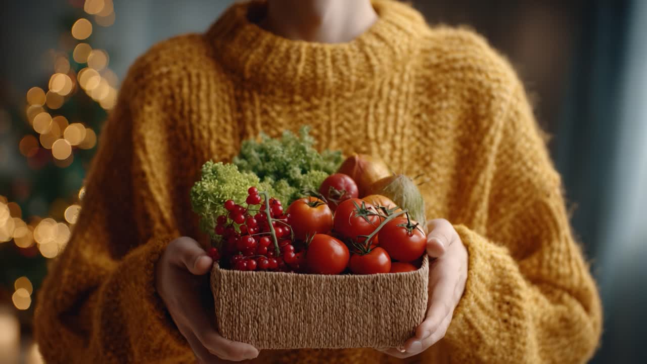 A Warm Offering of Fresh Produce: Vibrant Tomatoes, Lush Greens, and Bright Berries Presented in a Rustic Box Against a Softly Lit Background