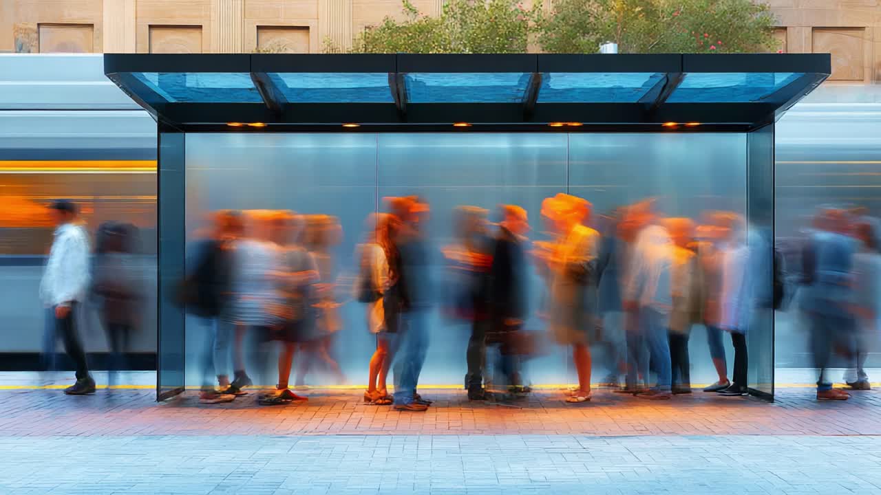 A bustling urban bus stop scene capturing the fluid motion of passengers as they wait and move, contrasted with a tranquil, empty waiting area in a modern city setting