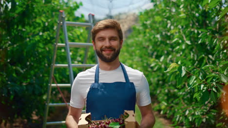Gardener-presenting-harvest-cherry-fruit-basket-in-sunny-orchard-greenhouse.