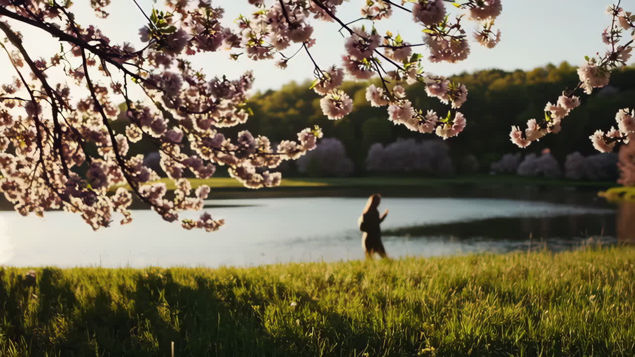 Cherry Blossoms by the Lakeside at Sunset
