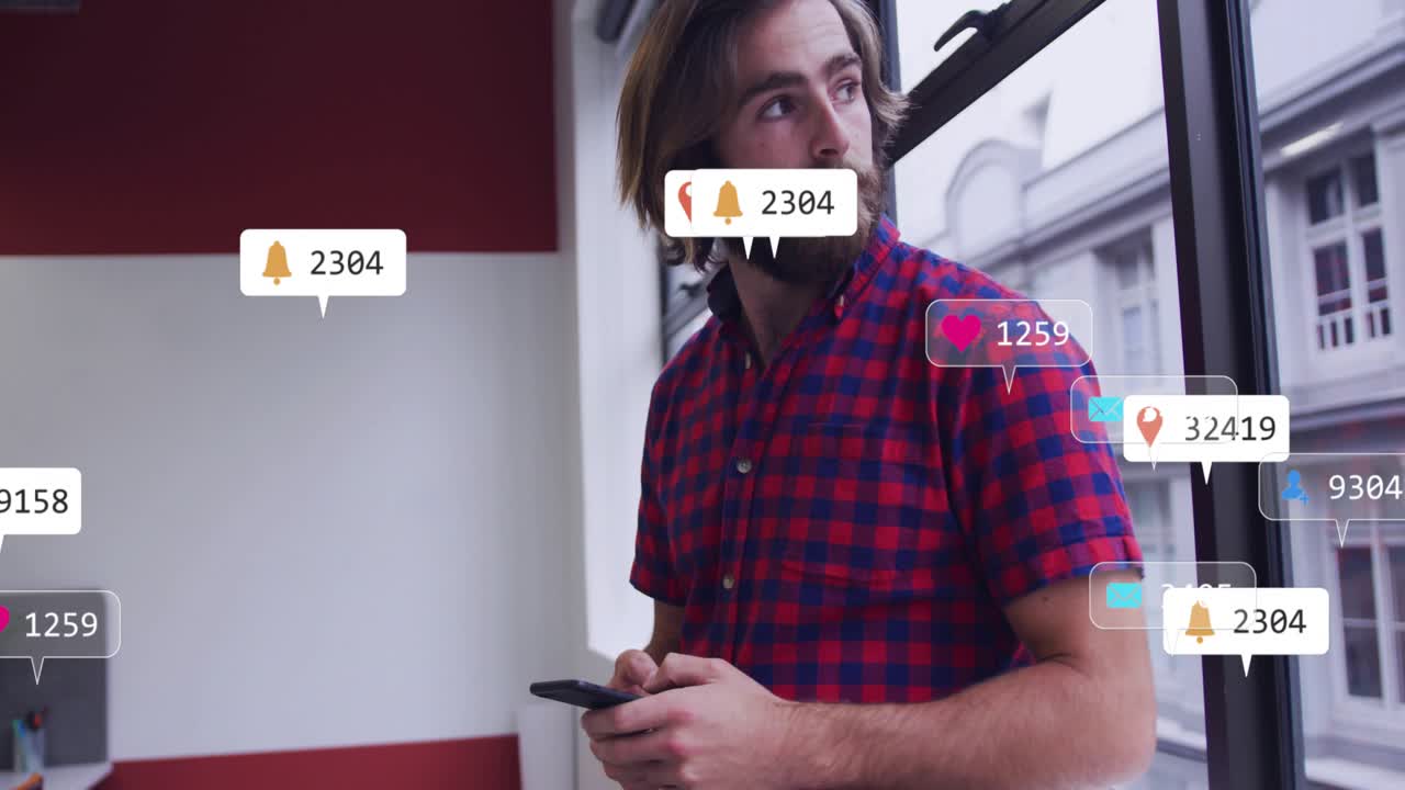 Man scrolling smartphone at window, tracking social engagement with alerts multiplying around him