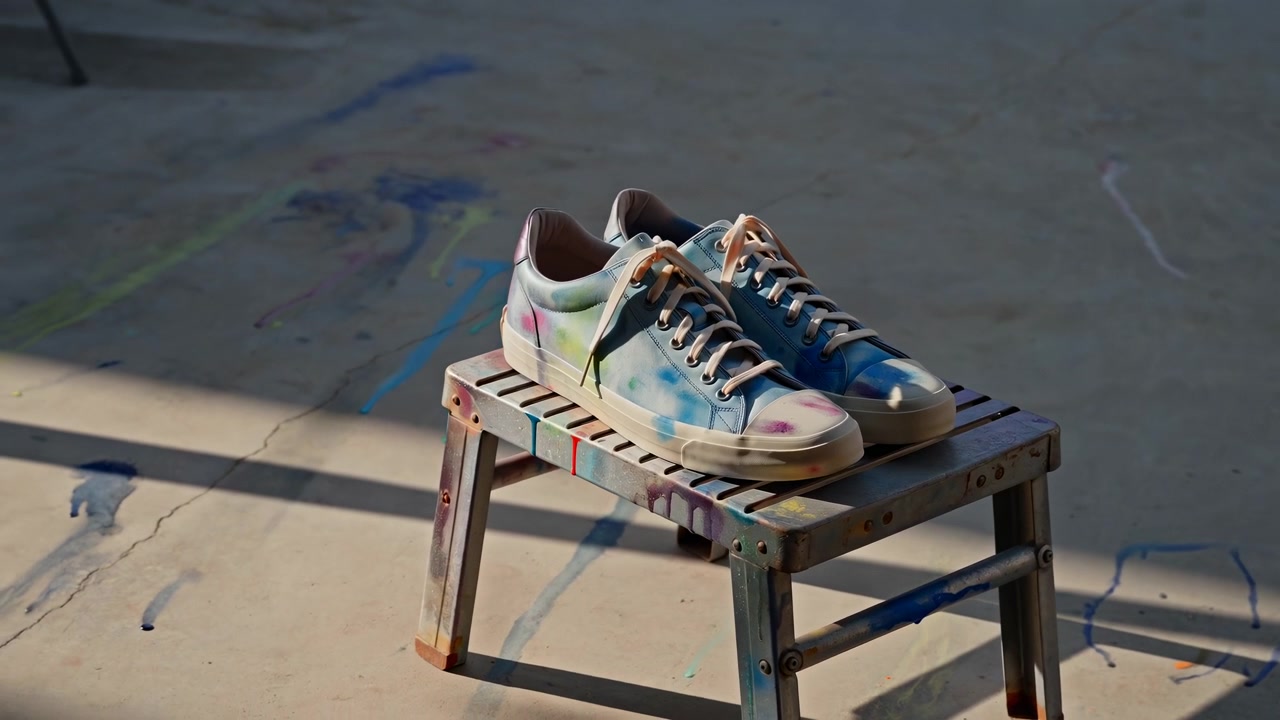 Malingplettede lærredssneakers hviler på bejdset træskammel i studie, midt i en sekvenspause.