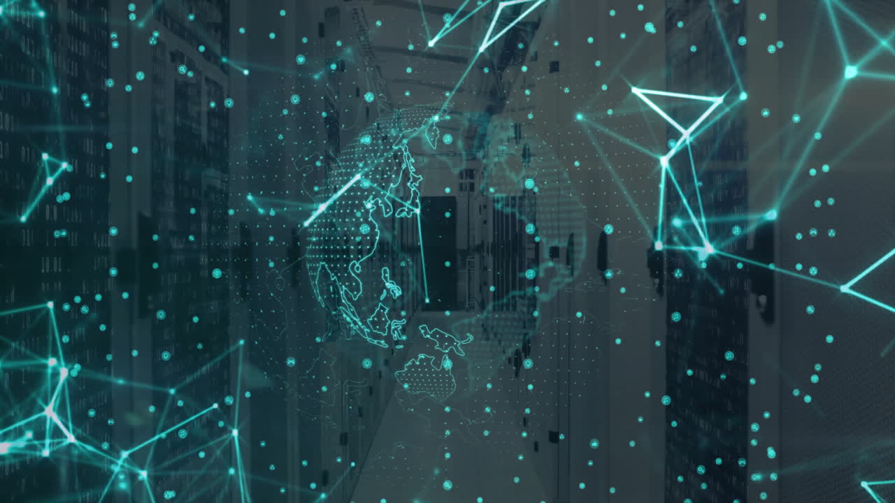 In server room, digital network connections processing data with animation effects