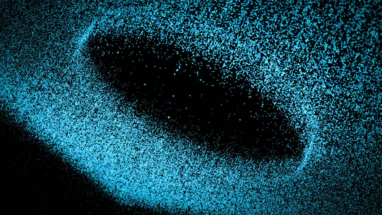 Particules bleues scintillantes dynamiques créant une bordure ovale abstraite