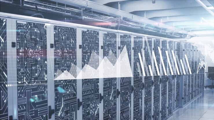 Animation of data processing and microprocessor connections against computer server room