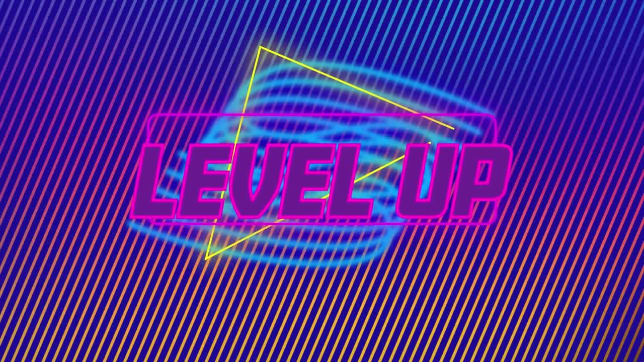 네온 모양과 줄무 위에 레벨 업 텍스트의 애니메이션