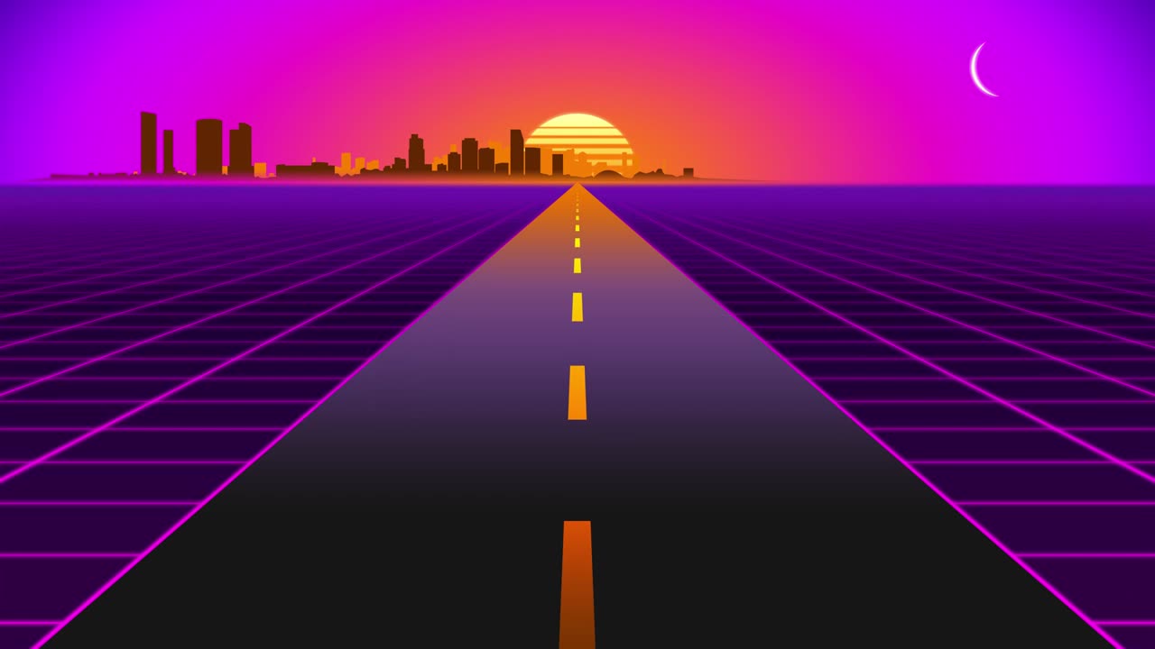 멀리 떨어진 도시의 스카이 라인과 함께 해가 지는 쪽으로 운전. 레트로 파동 애니메이션 그리드.