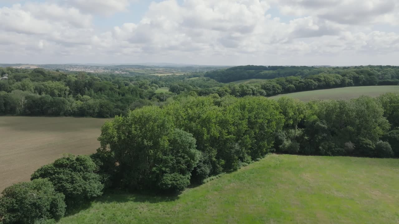 Garden with camera rise revealing wider green countryside, hedgerows, woodland and clouded horizon. Summer, Cornwall, UK.