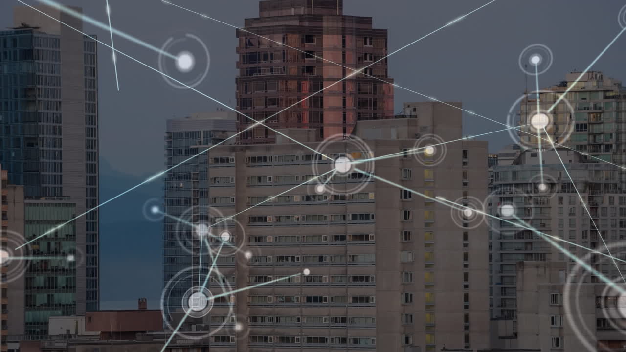 animación de la red de conexiones sobre el paisaje urbano