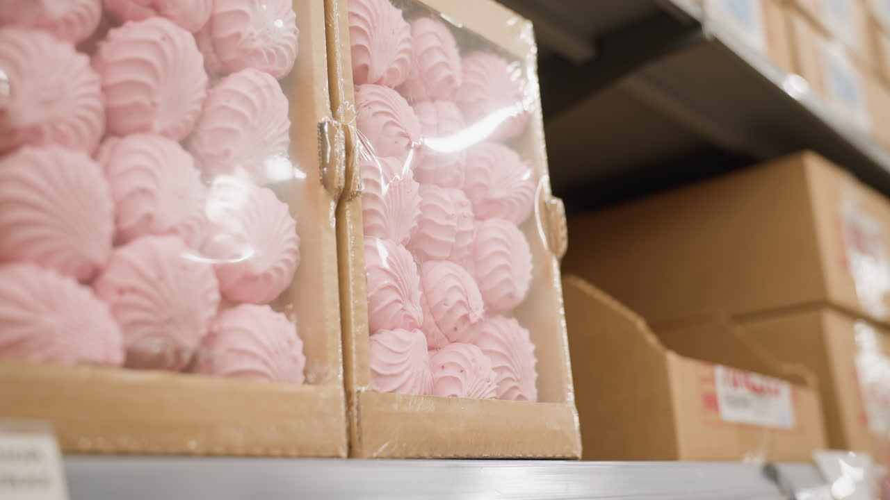 Close up of tattooed hand selecting pink baked cupcake from bakery shelf in supermarket aisle highlighting packaging texture in retail setting capturing moment of sweet treat choice