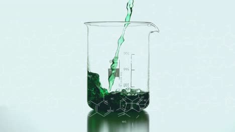 Animation-of-chemical-formulas-over-green-liquid-pouring-into-lab-glass-on-blue-background