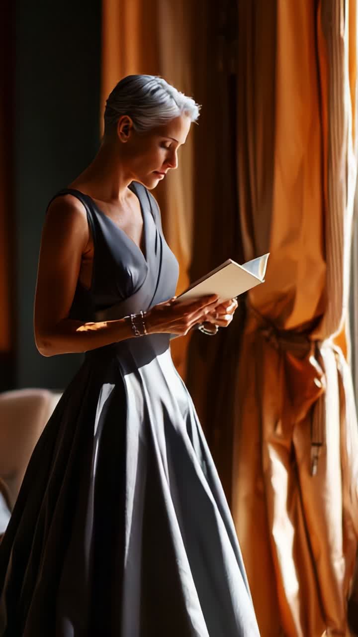 Una donna premurosa in un abito elegante legge accanto a una finestra con luce soffusa, catturando serenità e introspezione in una splendida ambientazione interna