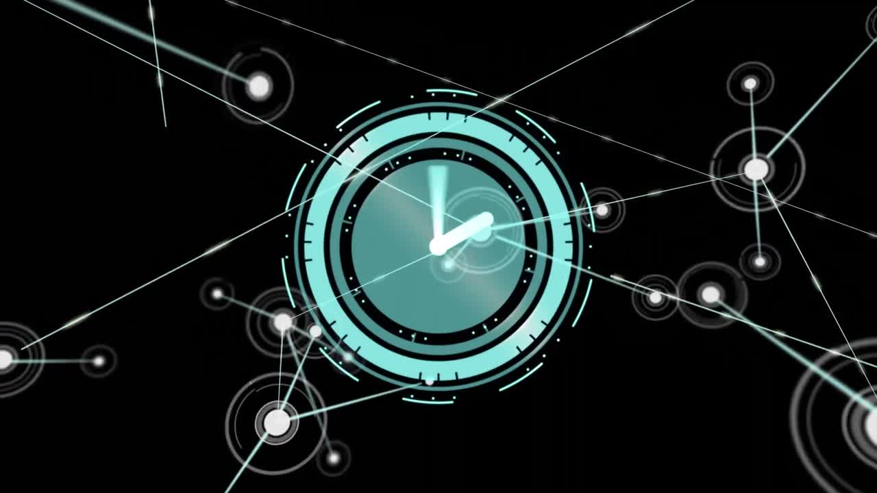 Animation of network of connections and clock moving over black background